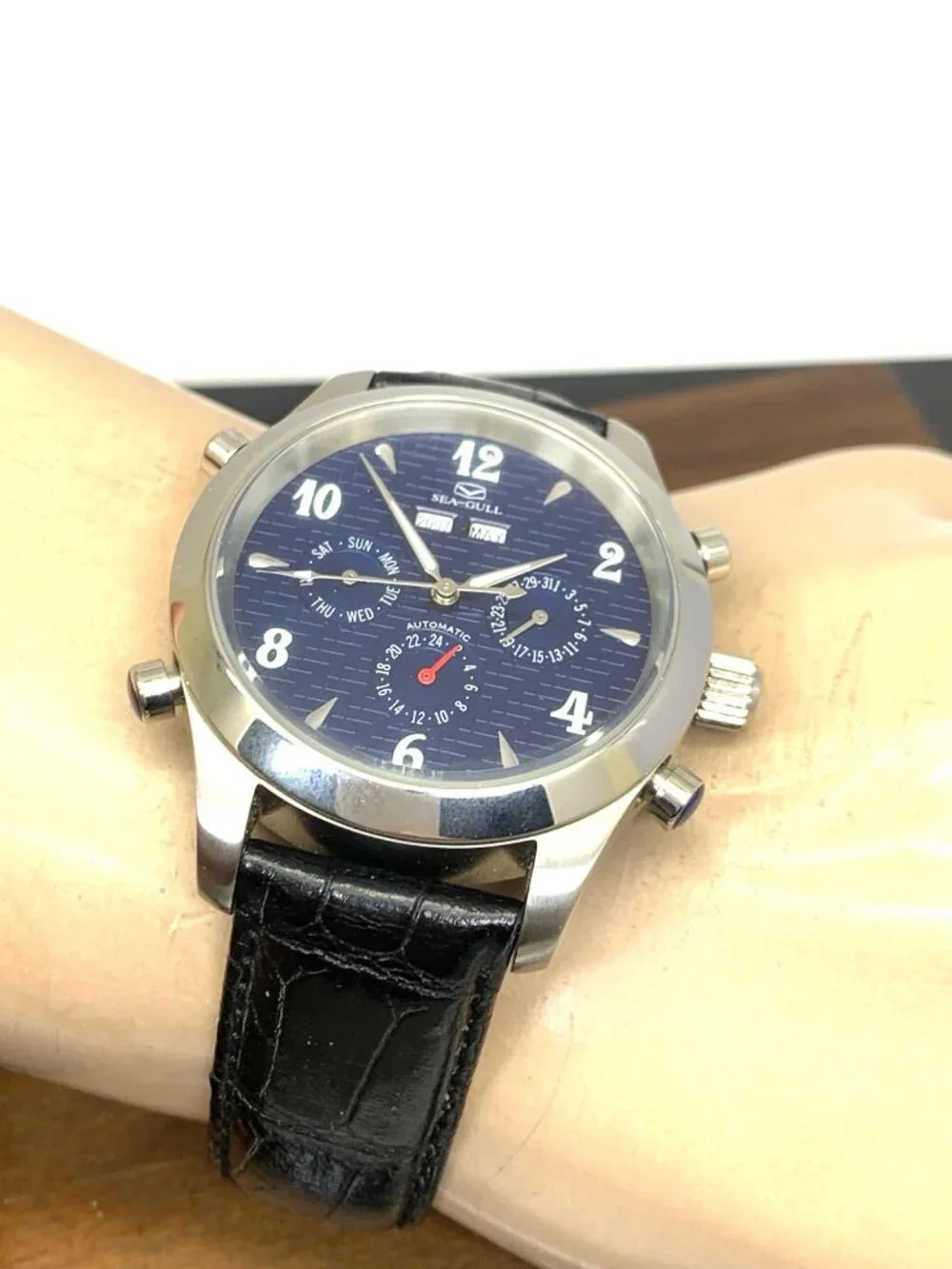 Seagull Men's Watch Automatic Blue Dial Triple Calendar Black Leather Strap 41mm